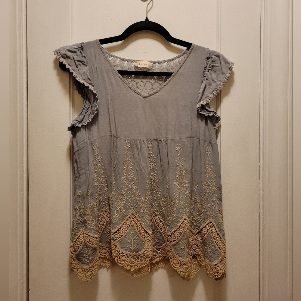 Altar'd State Greenish Gray and Cream Lace Blouse